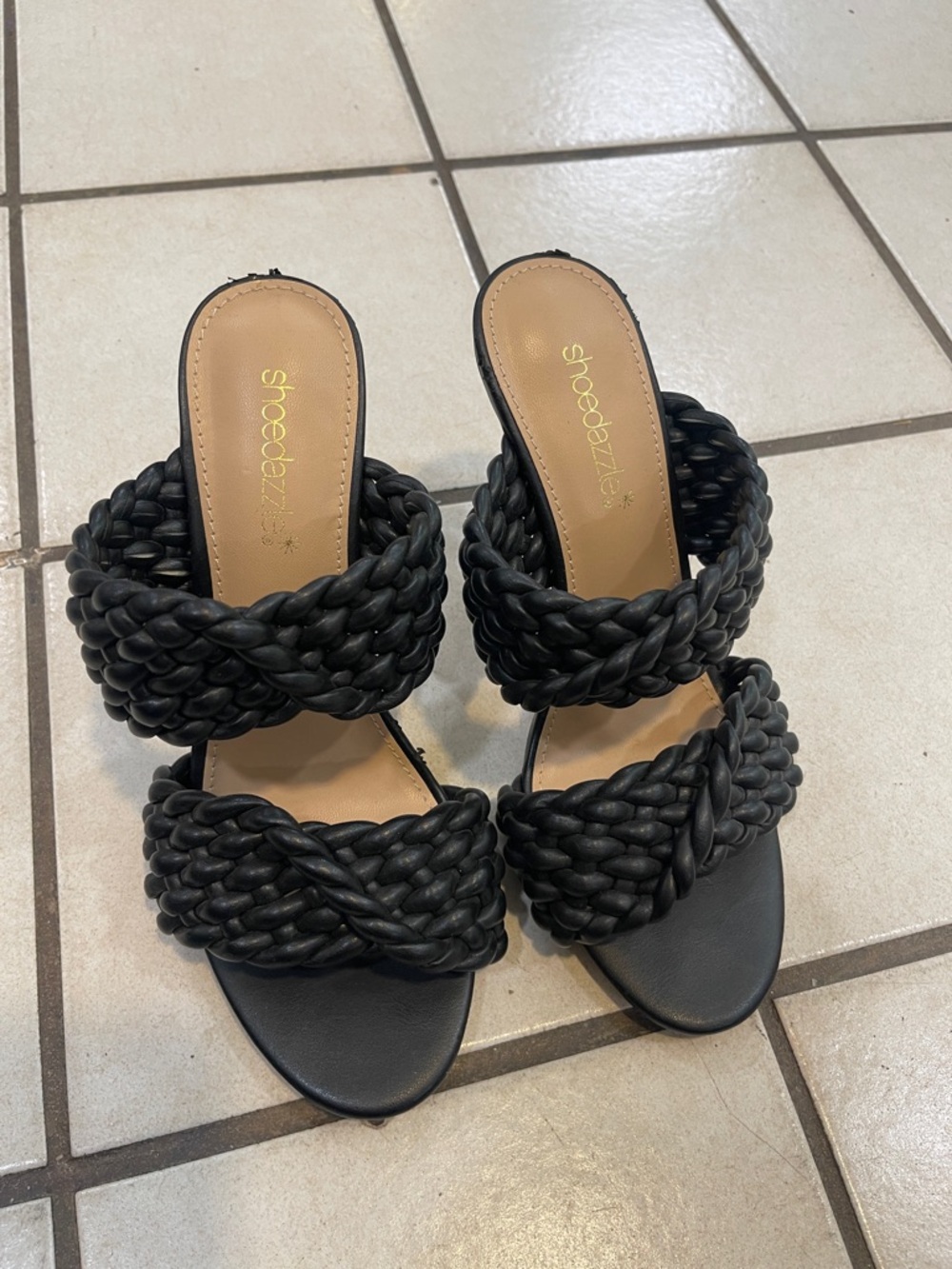 Shoe Dazzle Black Braided Double-Band Slide Heels